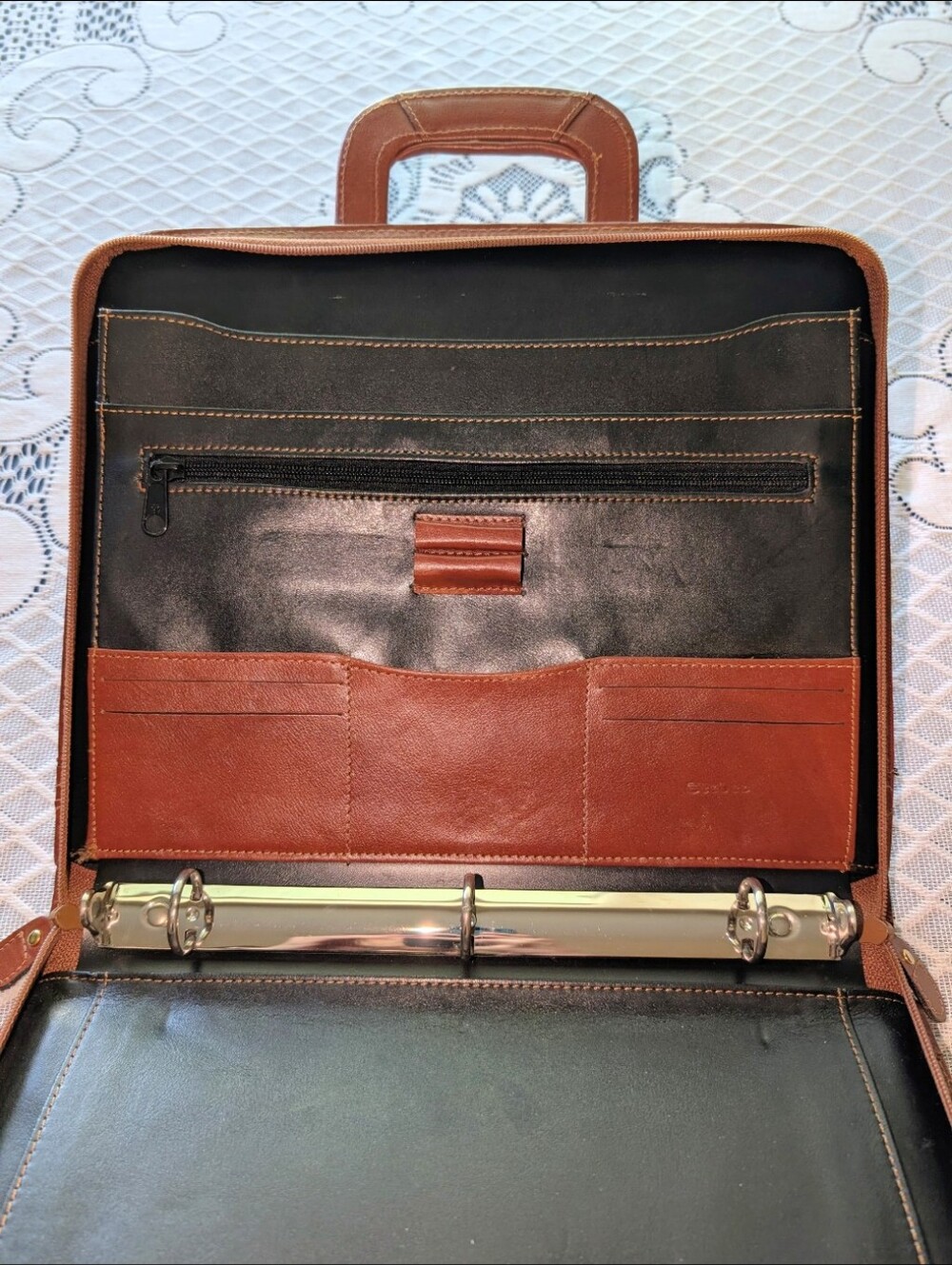 Stebco 3 Ring Binder Briefcase Leather Retractable Handle Brown Organizer - Picture 3 of 13
